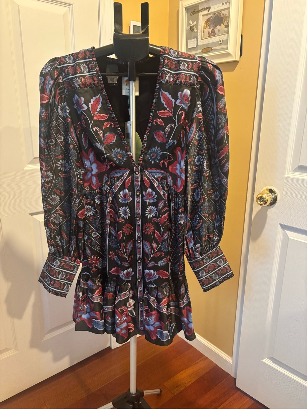 Farm Rio Black Marcello Floral Button-Front long sleeve mini Dress